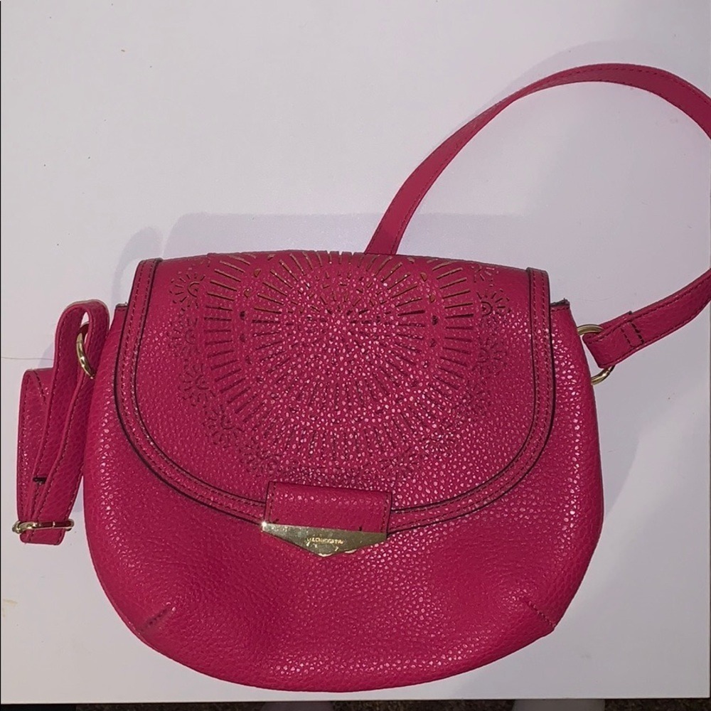 Liz Claiborne Pink Laser Cut Mandala Crossbody Bag Orange Contrast Gold Hardware